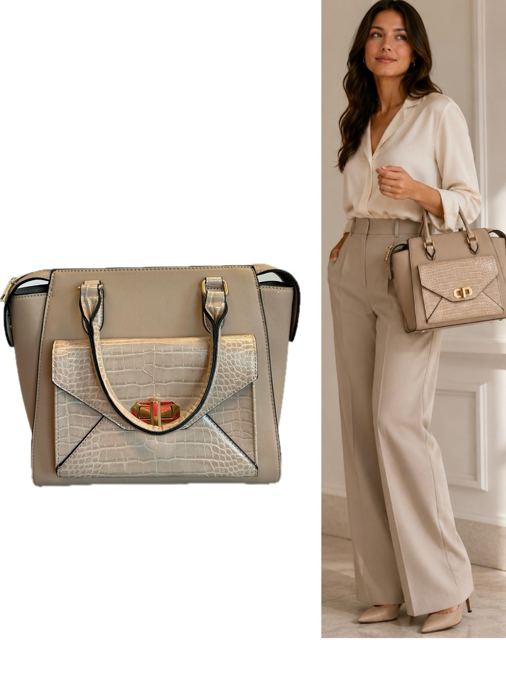 Taupe Croc Embossed Structured Satchel Handbag Gold Hardware Top Handle Purse